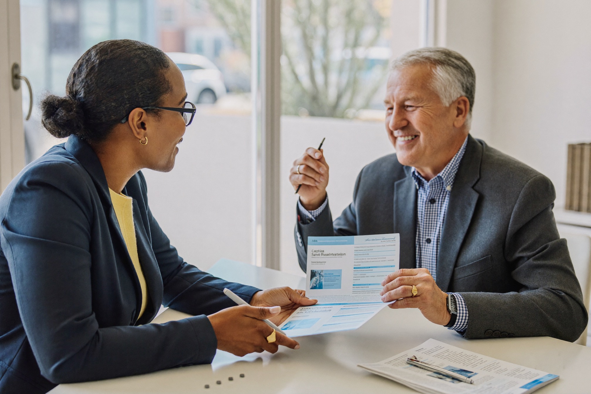 A healthcare consultant reviewing plan options with a client