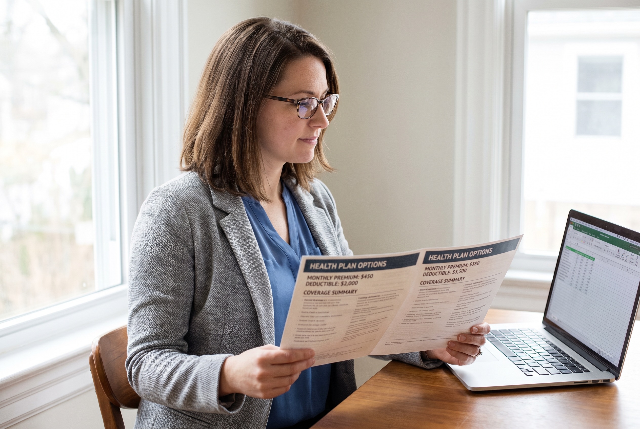 A person comparing paperwork at a desk